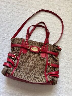 Michael Kors Red Trim Signature MK Shoulder Bag With Handles